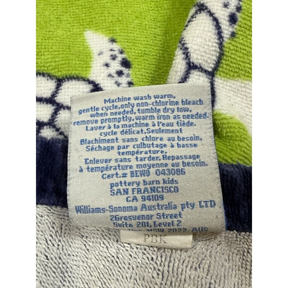 Pottery Barn Kids Sea Turtle Hooded Beach Towel Wrap Green Navy Blue Cotton